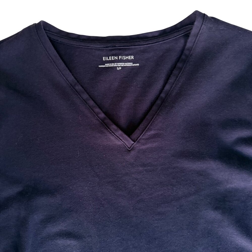 SMALL Eileen Fisher Navy Blue Knit V Neck Elbow Length Short Sleeve Dress - Picture 2 of 9